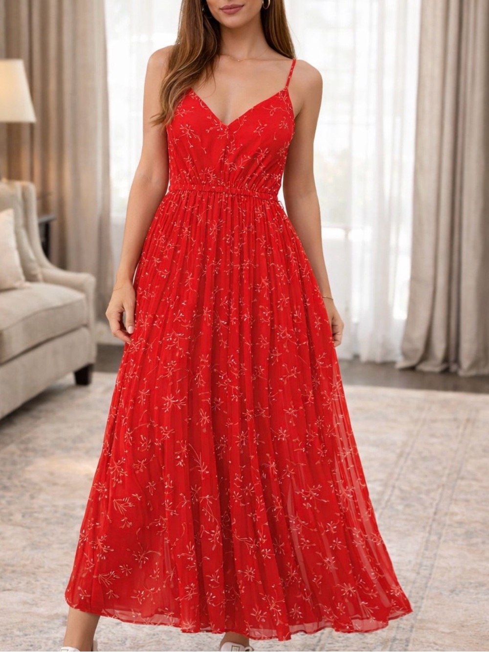 Red Floral V-Neck Maxi Dress